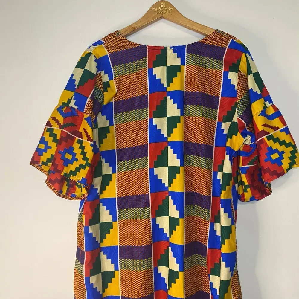 Lapogee African Print Kaftan Colorful Summer Dress Ruffles Size Medium Lagenlook